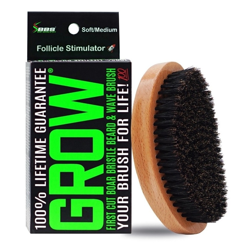 GROW First Cut Boar Bristle Beard & Wave Brush for Men 360 Waves Curved Brush